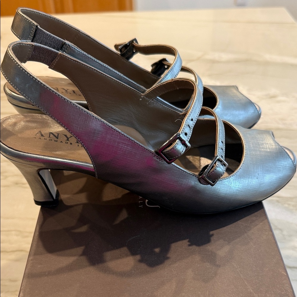 Anyi Lu Metallic Silver Strappy Heels